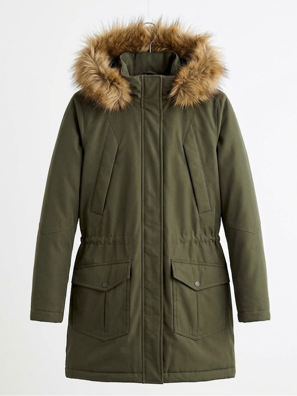 A New Day Olive Green Faux Fur Parka Jacket XS Water Resistant Utility Coat